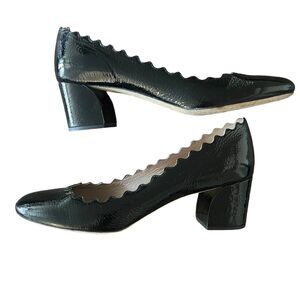 Chloe Lauren Black Patent Shiny Leather Scalloped Trim Block Heel Pumps Size 38